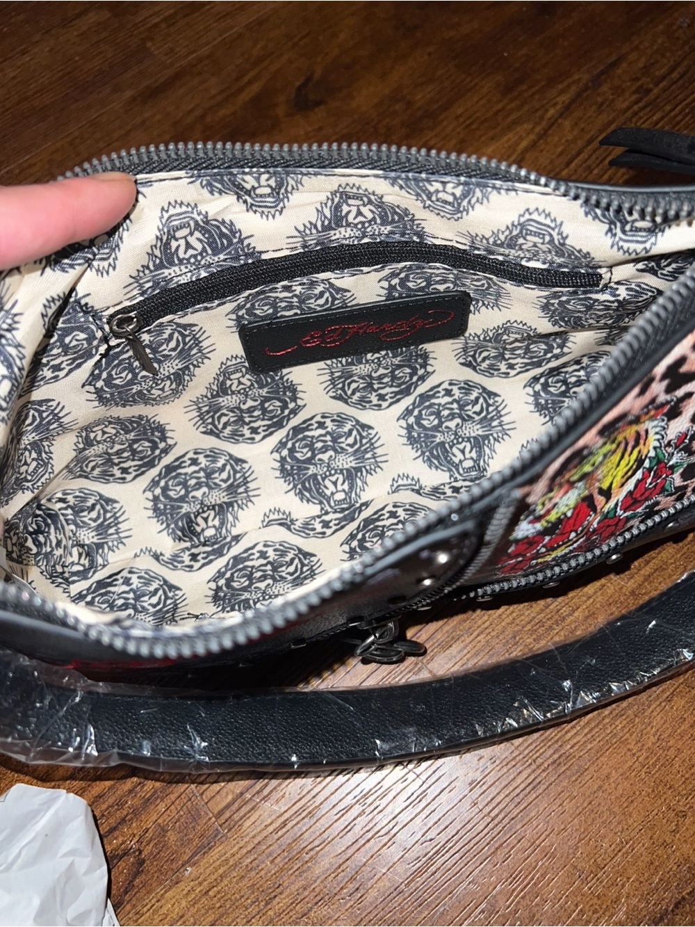 Ed Hardy Black Leopard Print Y2K Skull Shoulder Bag Crossbody Strap NWT - Picture 7 of 10